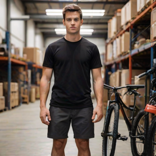 regenerate an image of a young man standing next to a mountain bike in a well-lit warehouse setting, wearing a plain black t-shirt and casual shorts, with a confident expression