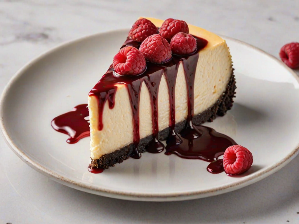 Generate an image of a slice of cheesecake with a smooth, creamy texture and a rich, dark chocolate crust. The cheesecake should have a vibrant raspberry sauce swirled on top, with additional raspberry sauce being drizzled over a generous dollop of sauce. Include fresh raspberries around the plate for decoration, and present the slice on a white plate against a light marble background.