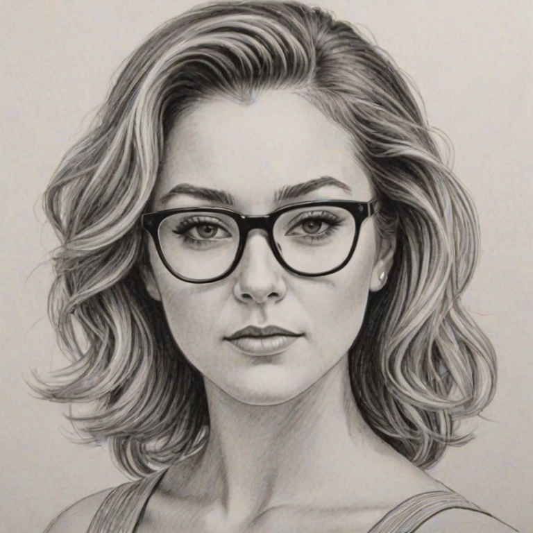 Pleasing Alexa Vega, pencil sketch, portrait of Attractive woman 1952s in glasses, hair style beatnik, outline, clear lines, fine lines, 8k