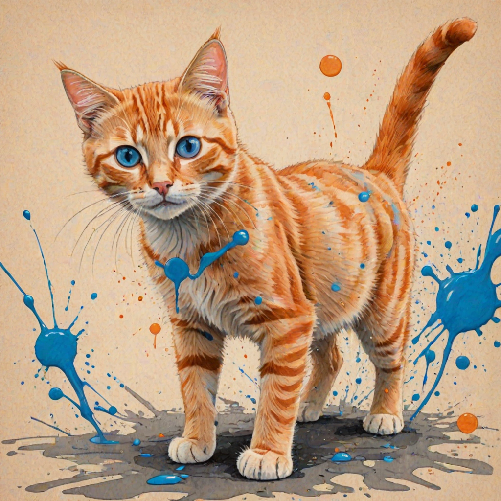 A vibrant childs coloured pencil drawn illustration of a bright orange cat with large, expressive blue eyes, a very cute style. The cat appears to be walking towards the viewer, surrounded by an abstract splash of colors and fine black lines, giving the image a dynamic and artistic flair. The background is a soft beige, highlighting the cat's vivid coloration and playful demeanor. Naively drawn scratchy line style.