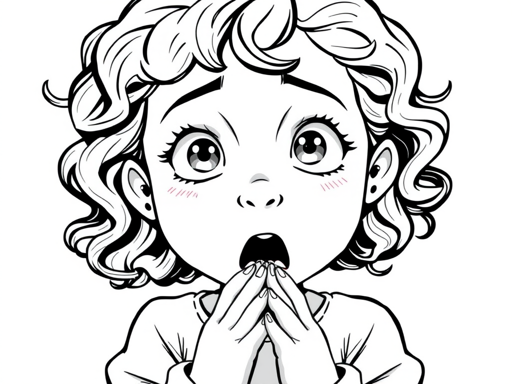 The image is a black and white illustration of a young girl with curly hair. She has a surprised expression on her face with her mouth open and her hands clasped together in front of her chest. Her eyes are wide and her eyebrows are furrowed. Her hair is styled in loose curls that are cascading down her back. The overall mood of the image is one of shock or surprise.