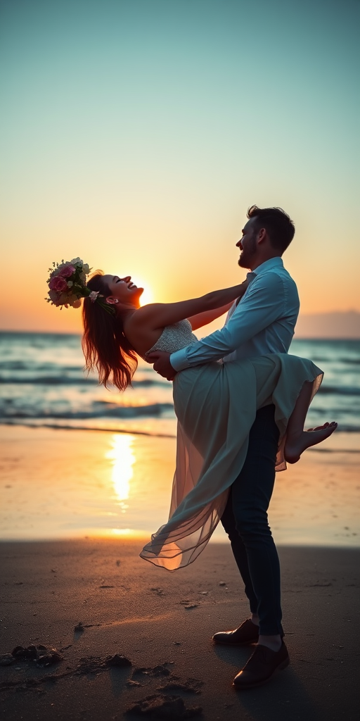 A joyous couple on the beach at sunset, the man lifting the woman who holds a bouquet, natural lighting, shallow depth of field, Canon EOS R5, 50mm f/1.2 lens, f/2.8 aperture, ISO 100, 1/200s shutter speed.