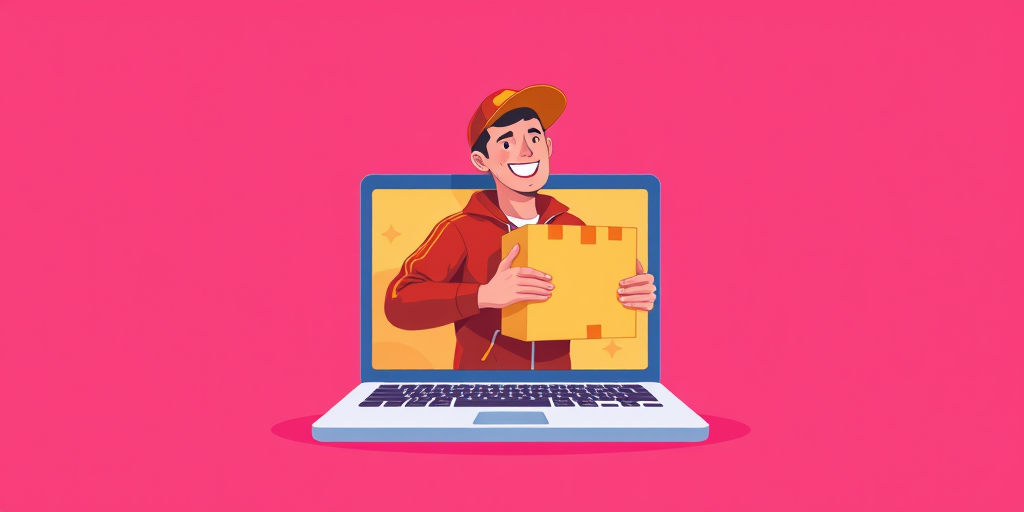 Create a vibrant digital illustration of a delivery person emerging from a laptop holding a package, background in solid pink, use a wide-angle lens, aperture f/4, ISO 100, soft lighting for a clean finish.
