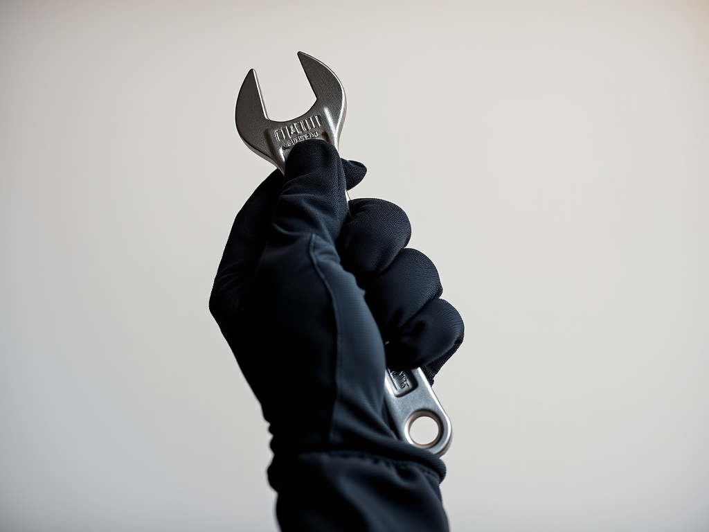 a close-up of a hand wearing a black glove holding an adjustable wrench against a plain background, with sharp focus, using a DSLR camera, f/2.8 aperture, ISO 100, 1/200 shutter speed, natural lighting to enhance the image quality and detail.