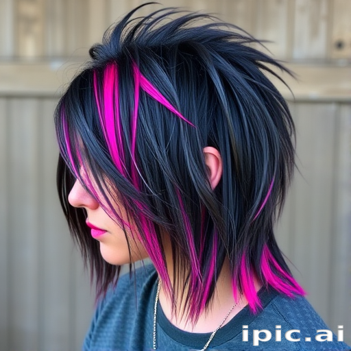 Charcoal grey mullet with neon pink tips, called "Punk Rock Twilight," featuring a grungy texture and an edgy contrast between dark and vibrant tones