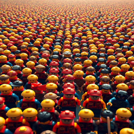 Create a high-resolution 3D render of a vast army of Lego minifigures standing in perfect formation, captured from a low-angle perspective with a wide-angle lens, using a DSLR camera, settings: aperture f/8, ISO 100, shutter speed 1/125 sec, ensuring sharp focus and vibrant colors.