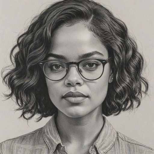 Charming Tessa Thompson, pencil sketch, portrait of Comely woman 1963s in glasses, hair style beatnik, outline, clear lines, fine lines, 8k