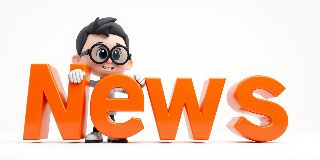 Create a high-resolution 3D rendered image of a cartoon character holding the word NEWS in bold orange letters, using a 50mm lens, f/8 aperture, ISO 100, shot from a low angle perspective with soft studio lighting, in a clean white background.