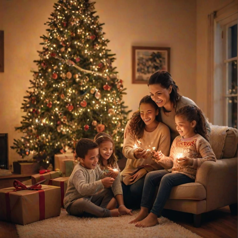 Warmly lit photo of a family decorating a Christmas tree in a cozy living room, soft glow from twinkling lights illuminating their smiles, with the scent of pine and cinnamon filling the air.