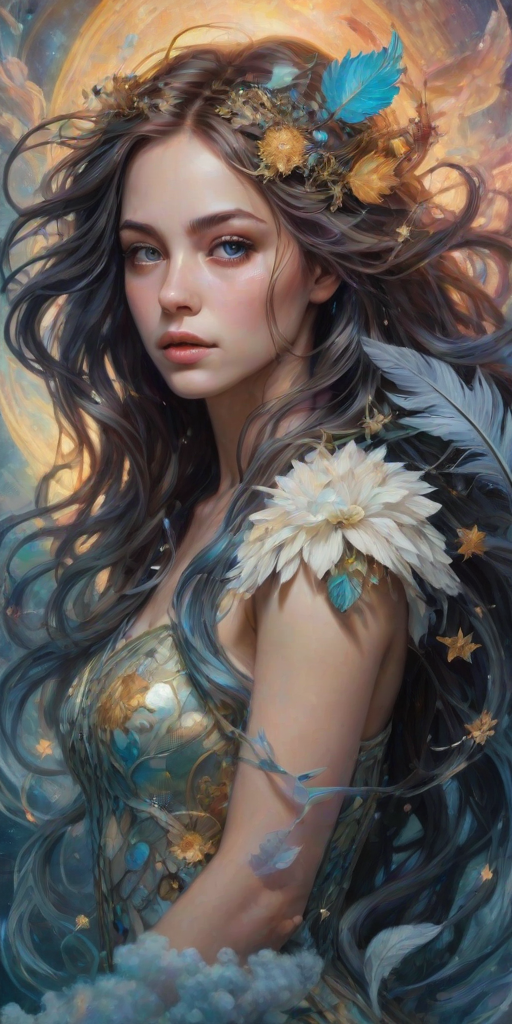 Create a series of imaginative portraits where each subject is infused with elements of fantasy and nature. The hair of the individuals should flow like clouds, varying from soft, fluffy cumulus to wispy cirrus strands, with hints of color reflecting a sunset or a clear blue sky. The eyes should be windows to entire galaxies, with stars, nebulae, and distant planets visible within them. Clothing should be adorned with nature motifs, such as floral patterns that bloom and change, vines that seem to grow and wrap around, or feathers that shimmer with iridescence. Each portrait should capture a unique personality, blending human features with the ethereal beauty of the natural and cosmic world. The backgrounds can vary, from starry night skies to enchanted forests, adding depth and context to the magical realism of the portraits
