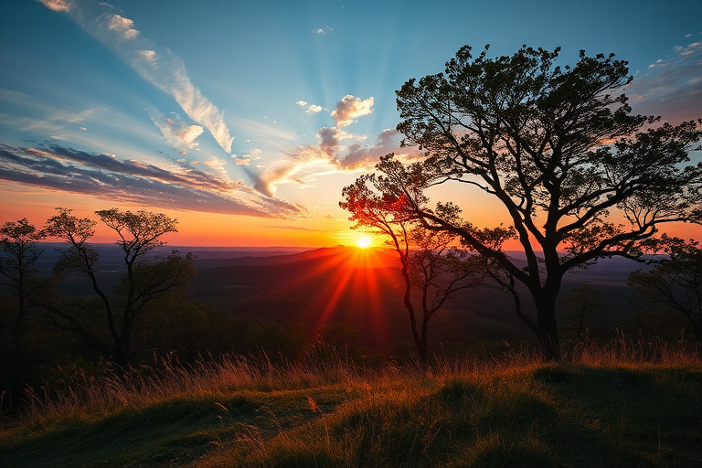 Capture a high-resolution image of a scenic landscape at sunset, using a Canon EOS R5 camera with a 24-70mm f/2.8 lens, aperture set to f/8, shutter speed at 1/100 sec, ISO 200, and a wide-angle view to enhance depth and detail.
