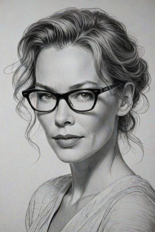 Gorgeous Connie Nielsen, pencil sketch, portrait of Ravishing woman 1926s in glasses, hair style beatnik, outline, clear lines, fine lines, 8k