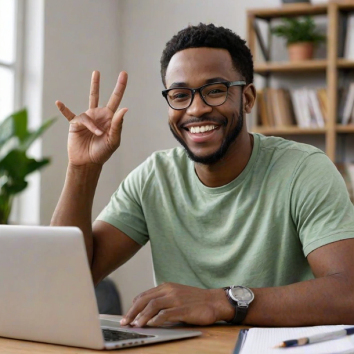 African American male, smiling, waving, eyeglasses, casual clothing, sitting at desk, laptop, home office, indoor, daylight, notebook, writing utensil, modern decor, house plants, bookshelf, natural lighting, cheerful expression, smartwatch, comfortable environment, clear focus, medium shot.