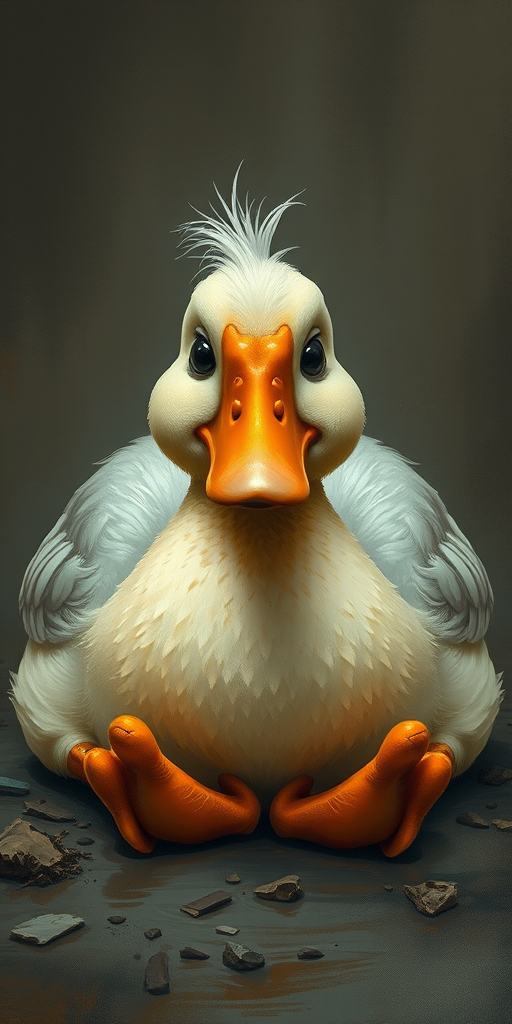 Stunning image of a cute adorable tired looking wacky duck laying flat on the ground, no emotions, moody, grainy, noisy, concept art, by Alberto Seveso, Cyril Rolando, Dan Mumford, Meaningful Visual Art, Detailed Painting, Digital Illustration,
