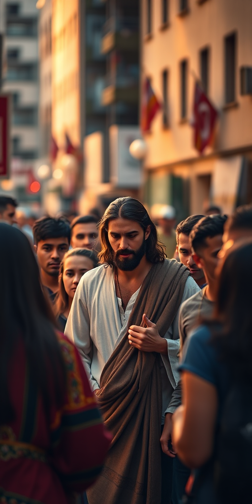 Create a scene of Jesus interacting with a diverse group of people in an urban setting, with dramatic lighting focusing on Jesus, captured with a Canon EOS R5, 50mm lens, f/1.8 aperture, ISO 100, and a 1/200 sec shutter speed to enhance detail and depth in the image.