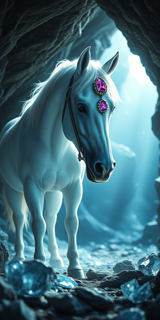 Create a high-resolution fantasy landscape featuring a majestic white horse adorned with gemstones, set in a mystical cave with sparkling crystals and soft light filtering through, captured with a DSLR camera at f/2.8, ISO 100, with a 50mm lens and a slight tilt-shift effect to enhance depth of field.