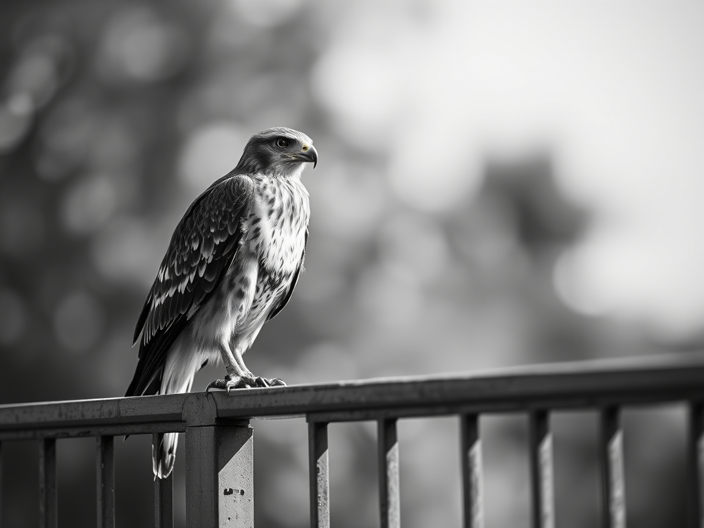 Capture a high-resolution black and white image of a hawk perched on a metal railing, using a Canon EOS R5, 85mm f/1.4 lens, ISO 200, shutter speed 1/500s, aperture f/2.8, in natural light with a shallow depth of field to enhance detail and contrast.