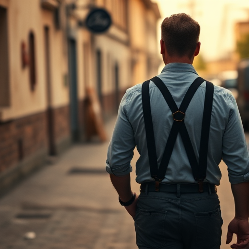 Generate a high-resolution image of a man walking away in a vintage setting, wearing suspenders, captured with a DSLR camera at f/2.8 aperture, ISO 100, 50mm lens, in soft natural light for enhanced detail and clarity.
