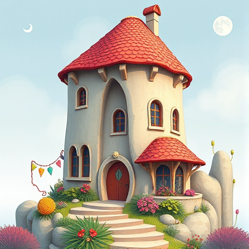 Create a whimsical illustration of a fantasy house with a unique cliff-like structure featuring rounded windows and a textured roof, captured with a Canon EOS R5 at f/8, ISO 100, 1/250s, using a vibrant color palette and a wide-angle lens.
