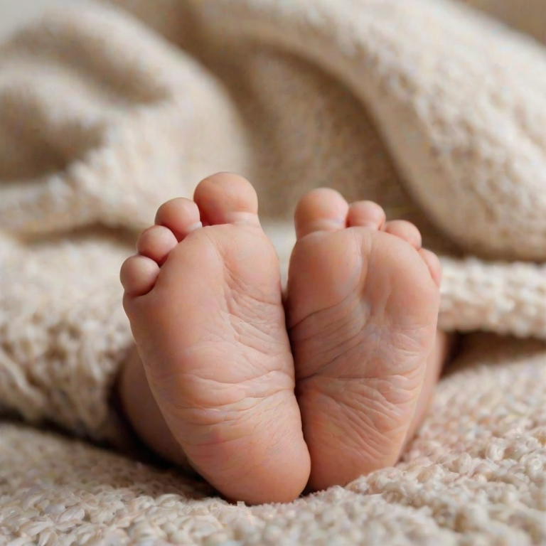 Softly focused close-up of a newborn baby's feet, with soft natural light illuminating their delicate skin, and a cozy blanket and crib visible in the background.
