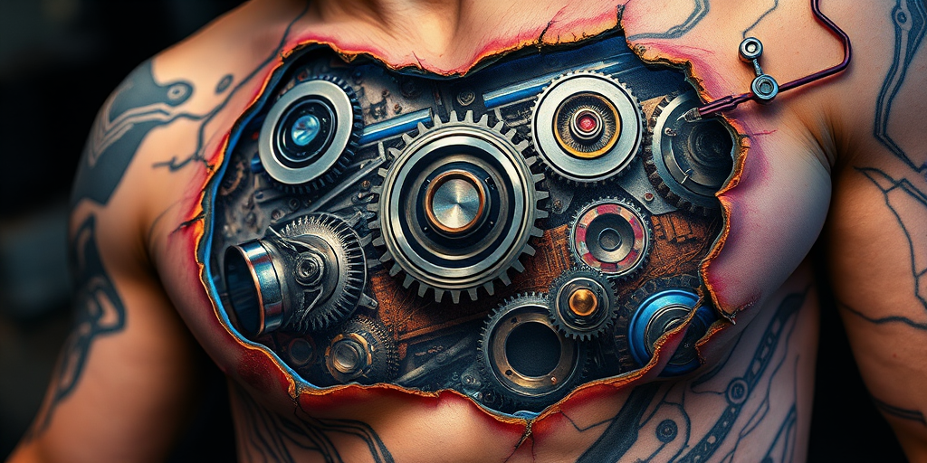 Biomechanical tattoo revealing cybernetic components beneath torn skin, metallic gears and circuits intertwined with organic matter, holographic accents in electric blue and chrome