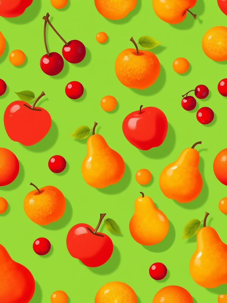 Create a vibrant seamless pattern of stylized fruits including cherries, apples, oranges, and pears on a fresh green background, using a high-resolution camera with a 50mm lens, f/8 aperture, and ISO 100 to enhance sharpness and color vibrancy in a flat lay style.
