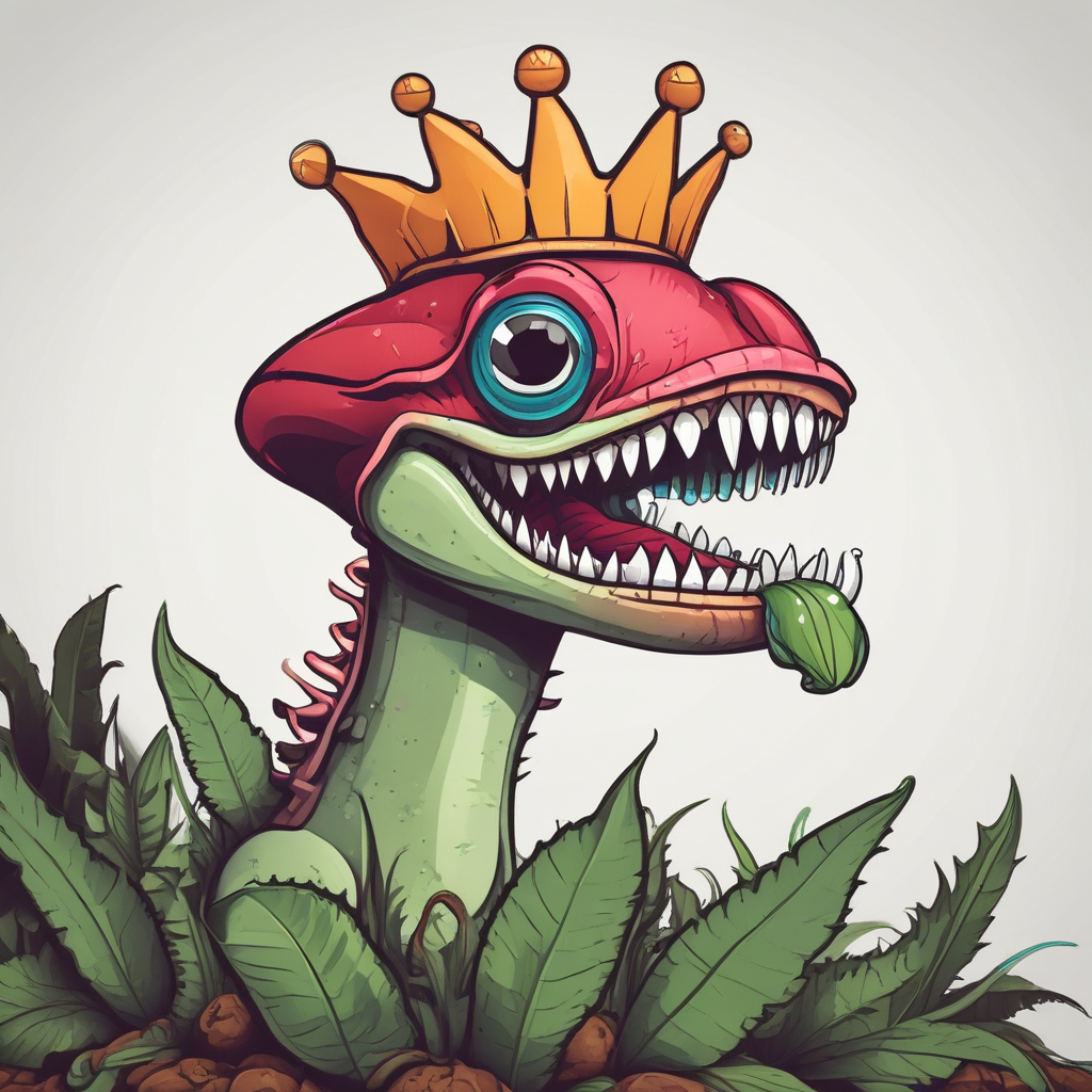 Cartoon realistic Open Venus flytrap logo with a crown in its mouth