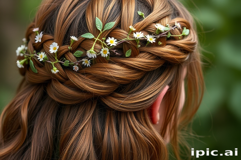 Warm chestnut brown hair woven into an intricate crown braid, adorned with tiny wildflowers and delicate vines, evoking the essence of a woodland fairy queen.
