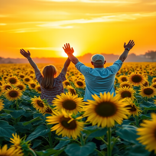 sunflower field at sunset with two people raising their arms, vibrant colors, wide-angle lens, f/8 aperture, ISO 200, 1/250 sec shutter speed, golden hour lighting, DSLR camera, landscape orientation