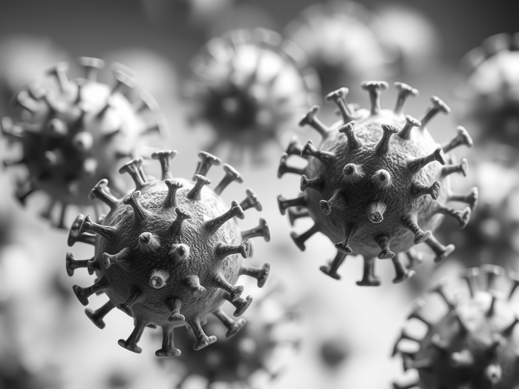 close-up view of detailed 3D virus models in a monochromatic setting, high dynamic range, f/2.8 aperture, ISO 100, 50mm lens, shallow depth of field, soft focus background, studio lighting