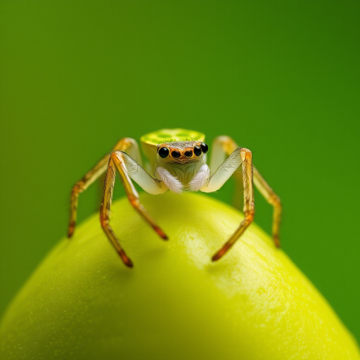 macro photograph of a green spider perched on a green fruit with a blurred background, using a Canon EF 100mm f/2.8L IS USM macro lens, f/4 aperture, 1/200 second exposure, ISO 100, natural lighting, shallow depth of field, close-up view