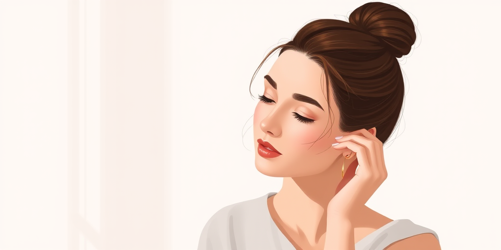 Create a high-resolution digital illustration of a woman with her hair in a bun, gently resting her hand on her face, in a minimalist setting, natural lighting, soft pastel background, shot with a full-frame camera at f/2.8, 50mm lens, with a shallow depth of field for a soft focus effect.