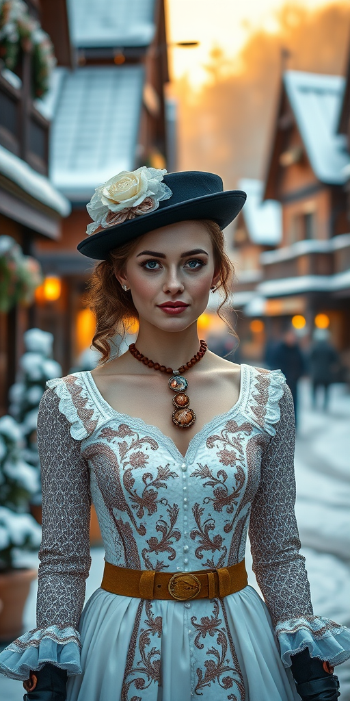 Create a winter village scene featuring a woman in a steampunk-inspired dress, with decorated wooden buildings and snow-covered streets, using a DSLR camera, f/1.8 aperture, 50mm lens, golden hour lighting, and soft focus background for enhanced depth of field.