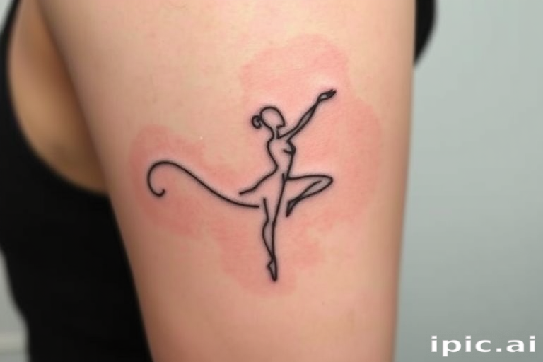 Minimalist single-line tattoo called "Fluid Motion" consisting of one continuous, unbroken line that gracefully curves and loops to form the silhouette of a dancer in motion, with the line varying slightly in thickness to create depth and movement, resulting in a deceptively simple yet elegant design that captures the essence of fluidity and grace