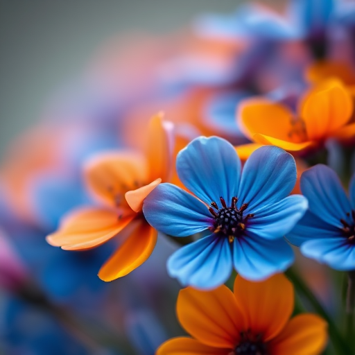 close-up shot of vibrant flowers in shades of blue and orange, shallow depth of field, soft focus background, f/2.8 aperture, 50mm lens, ISO 100, natural light, macro photography style, high-resolution image
