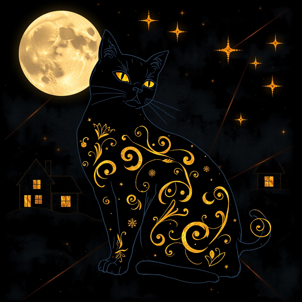 a stylized black cat with iridescent golden arabesques all over its body, on a grungy smoky black background with matching celestial designs, a full moon with silhouettes of lit houses, bright shooting stars, dazzling, magical BG, reminiscent of Christmas wonderland