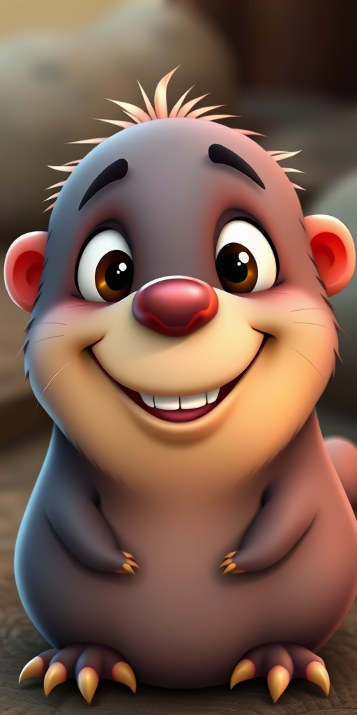 cartoonish cute mole character with exaggerated features smiling, vibrant colors, 8K resolution, ISO 100, f/5.6 aperture, 35mm lens, front view, digital illustration, soft lighting, high detail