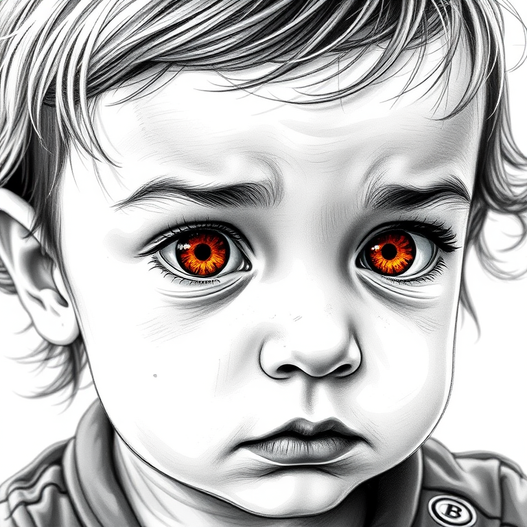 A hyperdetailed photorealistic black and white sketch of a beautiful toddler with deep orange eyes, with a macro focus
