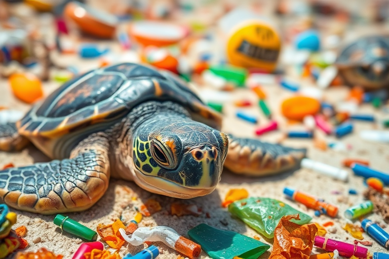 A close-up of a turtle resting on a beach littered with colorful plastic debris, bright sunlight, shallow depth of field, 50mm lens, f/2.8 aperture, ISO 200, shot with a DSLR camera.