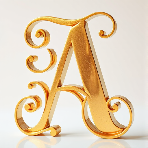 Generate a high-resolution image of a stylized golden letter "A" with intricate swirls and curls, shot with a Canon EOS 5D Mark IV, 50mm lens, aperture f/1.8, ISO 100, in a well-lit environment to enhance reflections and details.