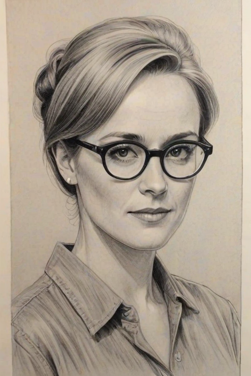 Splendid Mary Stuart Masterson, pencil sketch, portrait of Bewitching woman 1956s in glasses, hair style beatnik, outline, clear lines, fine lines, 8k