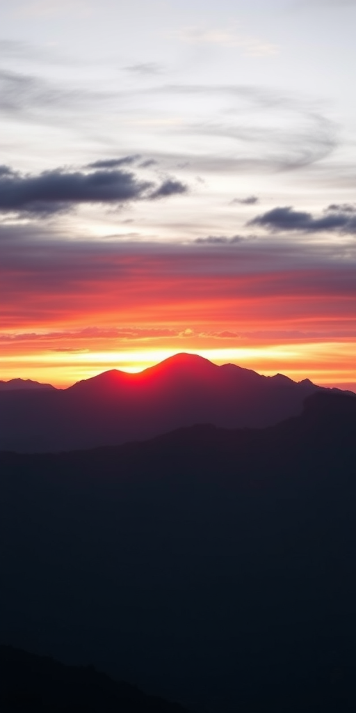 high-resolution image of a dramatic sunset over a mountain range, captured with a Canon EOS 5D Mark IV, 50mm lens, aperture f/8, ISO 100, shot from a wide view angle, soft focus background for enhanced depth.