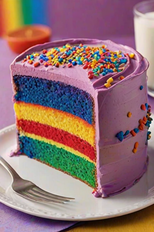 Create an image of a colorful rainbow layer cake with a vibrant purple frosting. The cake should have a smooth, glossy finish and be topped with a variety of colorful sprinkles. The inside should reveal layers of bright rainbow colors, showcasing a fun and festive design. The setting should be bright and cheerful, emphasizing the cake's playful nature.