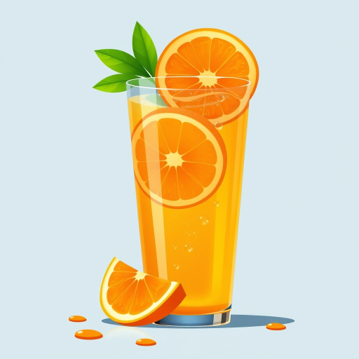 Create a vibrant illustration of a tall glass of orange juice with orange slices and drops of water, using a flat lay perspective, vibrant colors, highlight details with a macro lens, f/2.8 aperture for shallow depth of field, natural lighting for softness, and a modern digital art style.