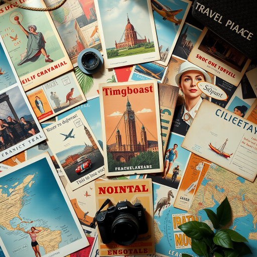 Create an intricate flat lay composition of vintage travel posters, postcards, and ephemera scattered artistically, shot with a Canon EOS R5 at f/8, 1/125 sec, ISO 100, in natural light from above, using a macro lens for enhanced detail and sharpness.