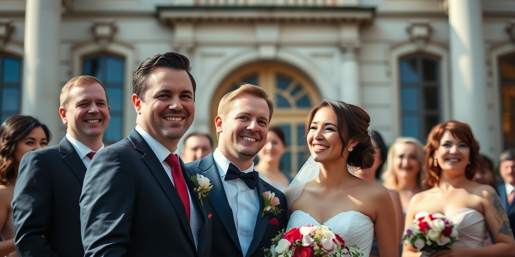 wedding party portrait, soft natural lighting, DSLR camera, f/2.8 aperture, 50mm lens, ISO 200, shallow depth of field, vibrant colors, slightly elevated angle, emotional expressions, formal attire, in front of classic architecture, capturing joy and elegance