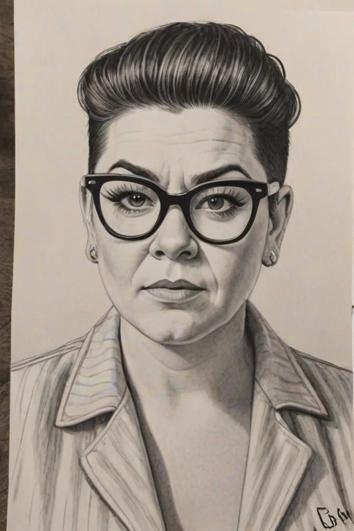 Fetching Lea DeLaria, pencil sketch, portrait of Fascinating woman 1960s in glasses, hair style beatnik, outline, clear lines, fine lines, 8k