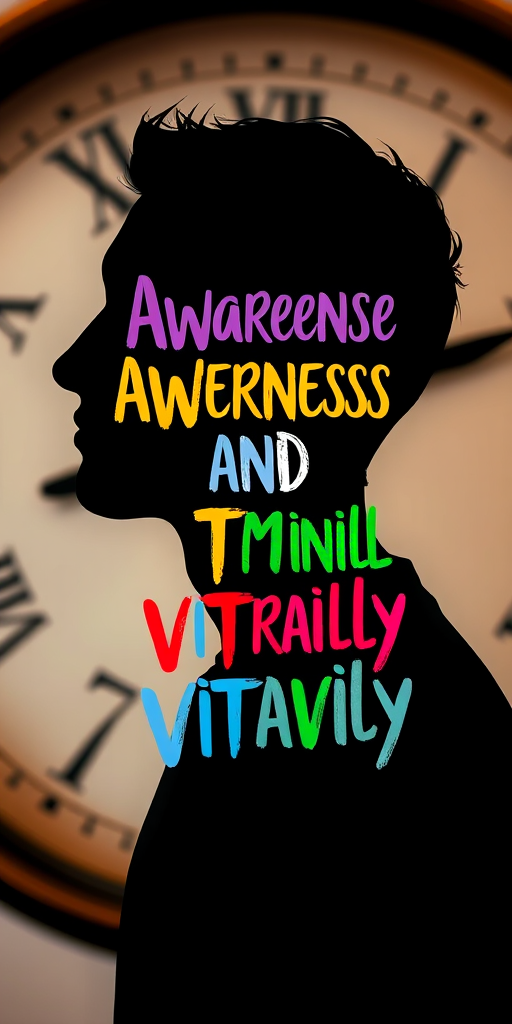 Create an abstract art piece featuring a human silhouette with vibrant and colorful typography expressing themes of awareness and vitality, set against a soft clock background, using a Canon EOS R5 with a 50mm lens, aperture f/1.8, ISO 100, and a dynamic angle to enhance depth and clarity.
