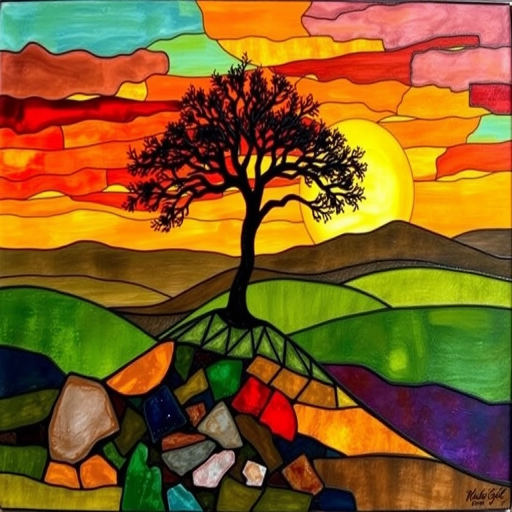 A vibrant abstract painting on Tiffany Glass, blending acrylic and alcohol ink techniques, captures a dramatic sunset over rolling hills. The artwork features a textured, rocky foreground in green and brown, layered abstract hills, and a striking sunset in rich oranges, yellows, and reds. A solitary black tree with intricate branches contrasts against the fiery sky, creating a dynamic and expressive portrayal of a breathtaking natural scene.