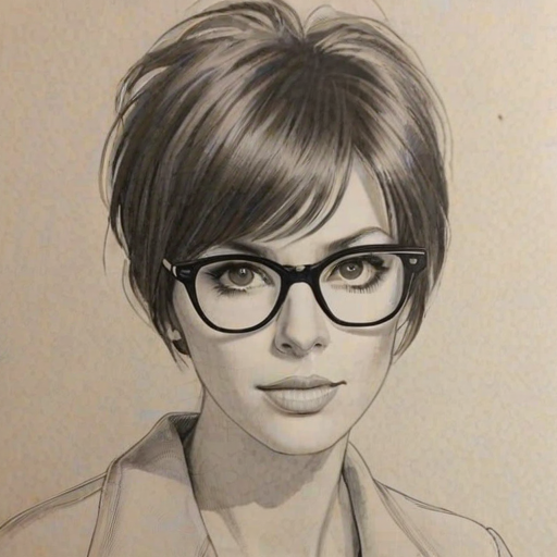 Exquisite Diane Warren, pencil sketch, portrait of Delightful woman 1967s in glasses, hair style beatnik, outline, clear lines, fine lines, 8k